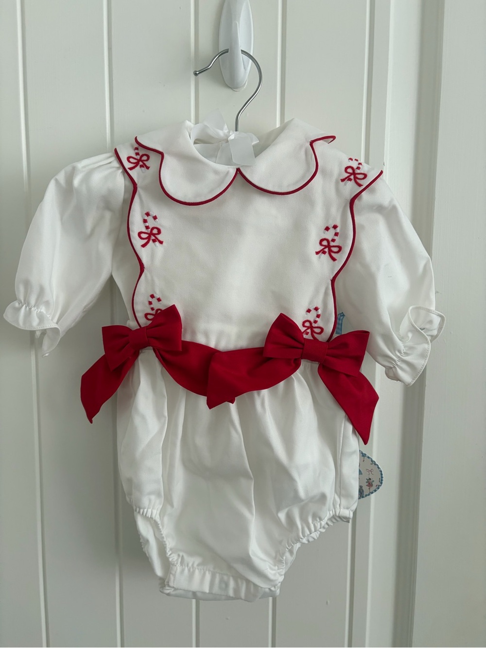 Edgehill Collection White Bubble Romper with Red Bows